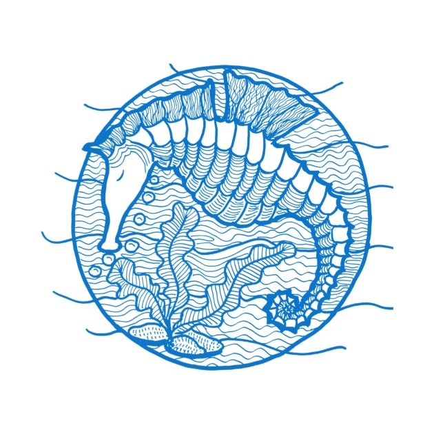 Seahorse graphic in blue ink by Puddle Lane Art