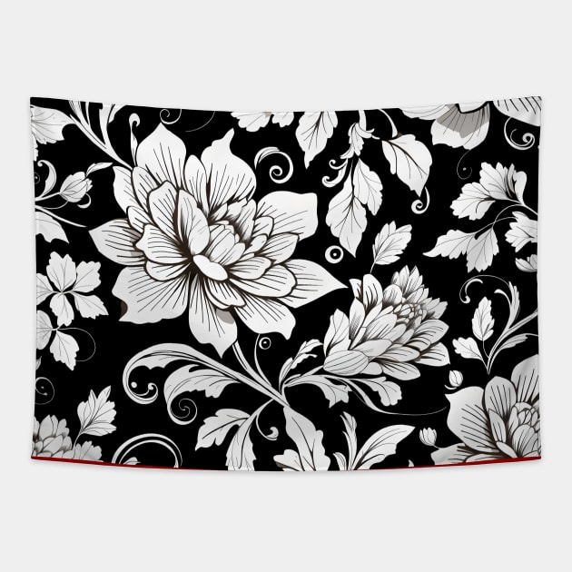 Seamless floral pattern with black and white flowers on a white background. Tapestry by Raja2021