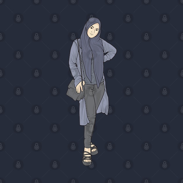 Beautiful woman wearing a hijab wearing a blue shirt with a blue cardigan and tight black trousers by crissbahari