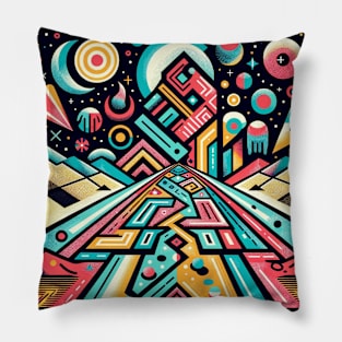 Retrofuturistic Dreamscape: A Synthesis of Space and Geometry Pillow