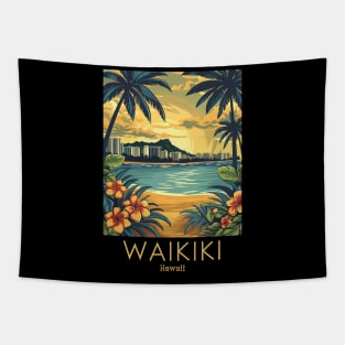 A Vintage Travel Illustration of Waikiki - Hawaii Tapestry