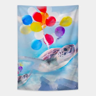 Cute Turtle Flying With Balloons Tapestry