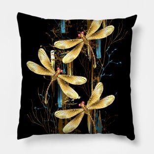 Three golden dragonflies Pillow