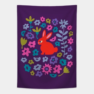 BUNNY RABBIT Cute Baby Animal with Flowers in Bright Red - Kids Easter Spring and 2023 Year of the Rabbit - UnBlink Studio by Jackie Tahara Tapestry