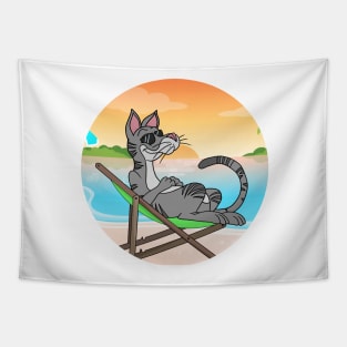 Cat Chilling At Beach With Sunset Comic Style Tapestry