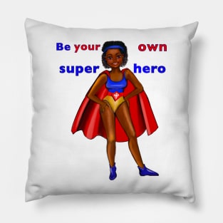 Be your own superhero - Black anime superhero girl with red cape ! beautiful  black girl with Afro hair, brown eyes, Cherry pink lips and dark brown skin. Hair love ! Pillow