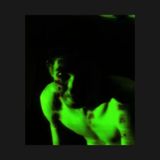 Portrait, digital collage, special processing. Dark, scary, shirtless man looking. Mainly green. T-Shirt