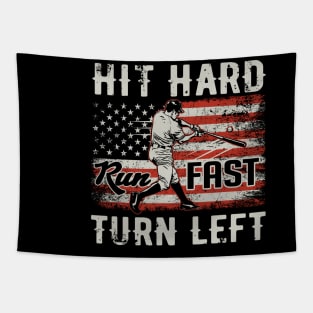 Hit Hard Run Fast Turn Left USA Flag Baseball Player Tapestry