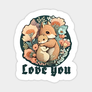 Mother and Baby Squirrel Embracing in Flowers Garden Love you Magnet