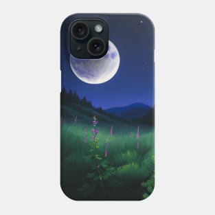 Lupines blooming at night - Purple flowers under a full moon Phone Case