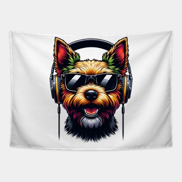 Norwich Terrier as Smiling DJ with Headphones and Sunglasses Tapestry by ArtRUs