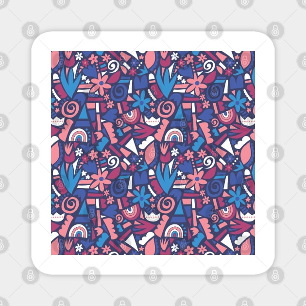 Kids Collage Flowers And Shapes Blue Pink Magnet by Sandra Hutter Designs