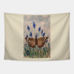 Buckeye butterfly in the grape hyacinth flowers Tapestry