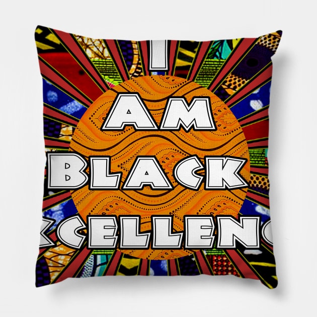 I am Black Excellence African Fabric Collage Pillow by artbyomega