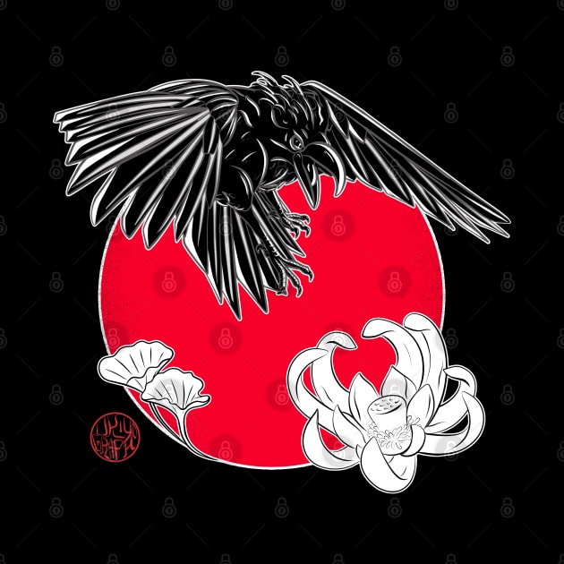 Japanese crow and lotus flower by Ukiyograph