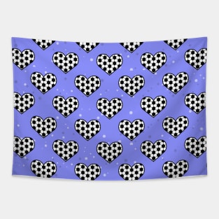 Football / Soccer Ball Texture In Heart Shape - Seamless Pattern on Blue Background Tapestry