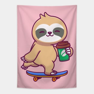 Cute Sloth Skateboarding And Holding Coffee Tapestry