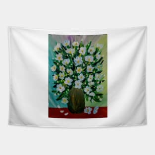 Some white and blue daisy In a gold and turquoise vase . Tapestry