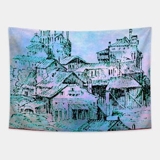 Ancient Town Outline Art Pastel Fog Background Tapestry