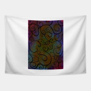 Black Swirls on Gold and Blue Strokes Tapestry