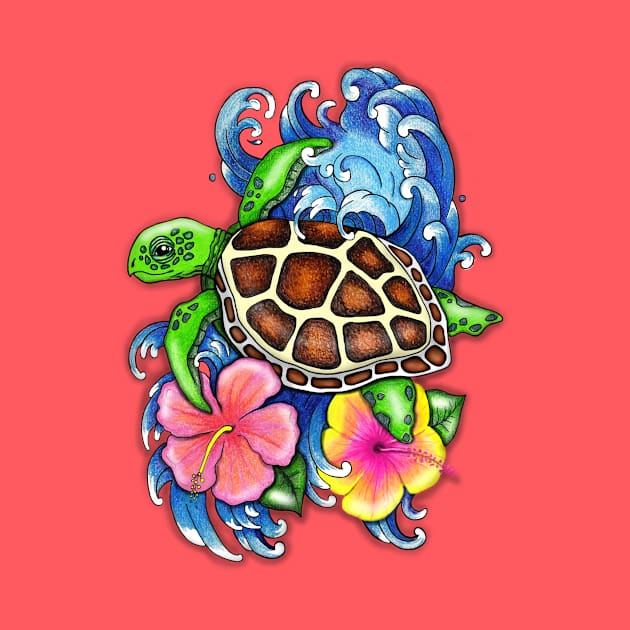 Tropical Sea Turtle and Hibiscus by SandraGale Art