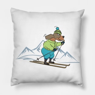 Cute Dog Skiing in the Winter Mountains Pillow