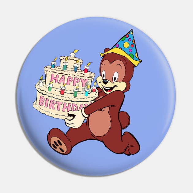 A Happy Bear Wearing A Party Hat and Carrying A HUGE Birthday Cake Pin by Souvenir T-Shirts