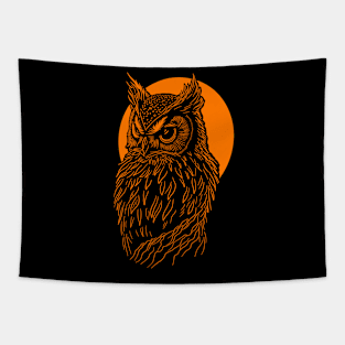 Orange Owl design in front of orange full moon. Tapestry