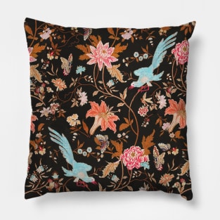 BLUE BIRDS,POMEGRANATE FLOWERS AND BUTTERFLIES Antique Red Brown Floral Pattern Pillow