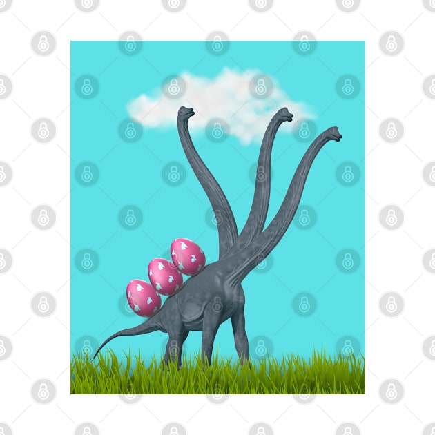 3-necked dinosaur carrying 3 easter eggs | Happy Easter by Cosmic Story Designer