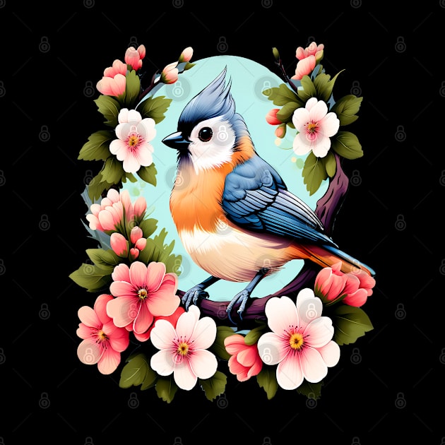 Cute Tufted Titmouse Surrounded by Vibrant Spring Flowers by BirdsnStuff