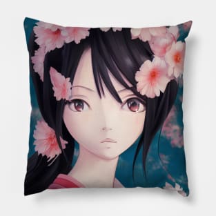 Anime geisha girl with pink flowers Pillow