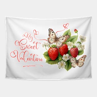 Sweet Valentine with Red Strawberry Fruits, Flowers, and Butterflies, Tapestry