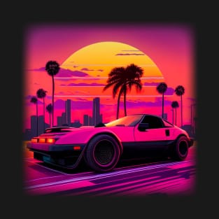 Vaporwave Retrowave City Sports Car Vintage Sunset Palm Trees Skyline Skyscrapers T-Shirt