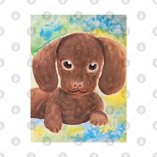 Watercolor cute dachshund puppy big eyes kawaii by WatercolorFun