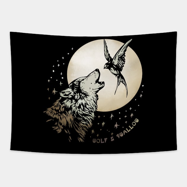 Wolf & Swallow - Moonlight Serenade [GOLD] Tapestry by Lix