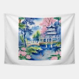 Chinoiserie landscape with koi fish and lotus flowers Tapestry