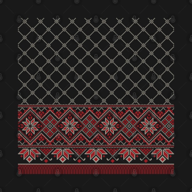 Palestinian Arabic Kufiya Keffiyeh or also called Hatta Traditional Pattern with Tatreez Embroidery Art Design Red Cream on Black by QualiTshirt