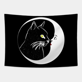 Black Cat Kissing Crescent Moon Face Tapestry