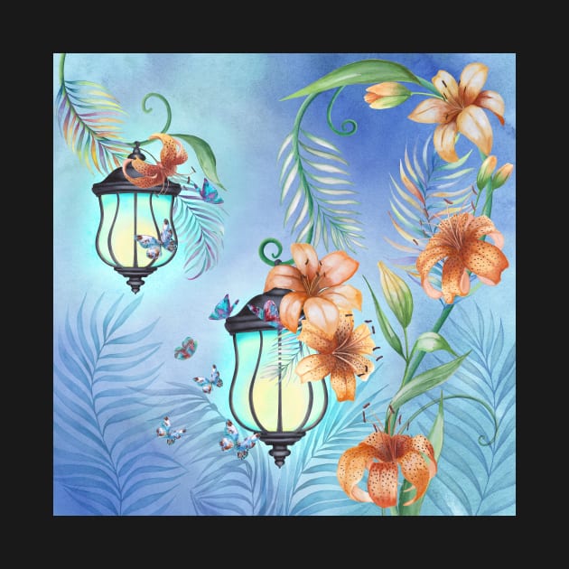 Vintage streetlights with Lily flowers and tropical leaves ornament. Magic floral scenery. Fairy spring garden watercolor illustration by likapix