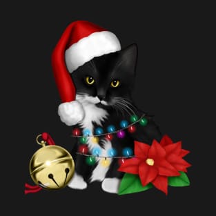 Black Cat Santa Tangled Up In Christmas Lights T-Shirt