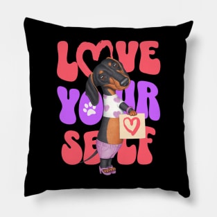 Cute Doxie Dog on a Dachshund Love Yourself tee Pillow