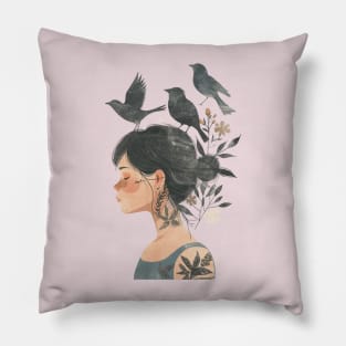 Little girl and raven Pillow