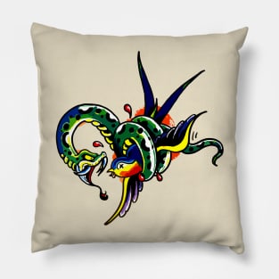 snake and swallow old school tattoo Pillow