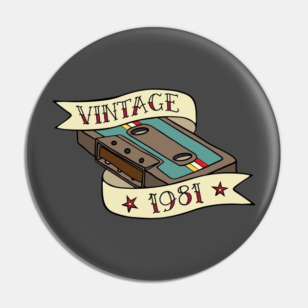 Vintage 1981 Cassette Tape Retro Tattoo Design Pin by Huhnerdieb Apparel