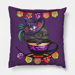 "Hocus Pocus" Black Witch Cat in a Halloween Teacup Pillow