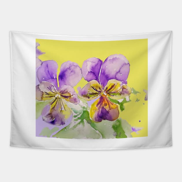 Viola Watercolor Purple Flower - violas On Yellow Tapestry by SarahRajkotwala