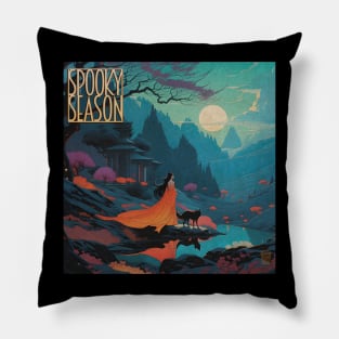 Halloween Spooky Season Moonlit River Scene Pillow