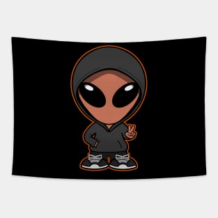 Hooded Space Alien Peace Hand Sign Orange Tapestry