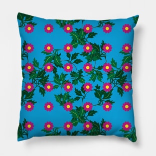 Cerise daisies with Yellow centres over layers of vine leaves on a Vibrant Blue background Pillow